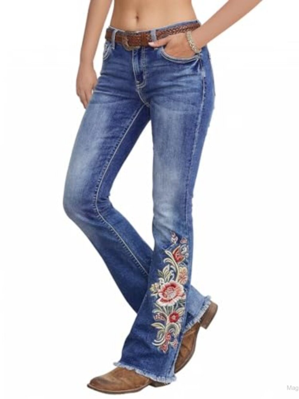 Floral Embroidery Mid Waist High Stretch Bootcut Jeans Women's Flare Denim